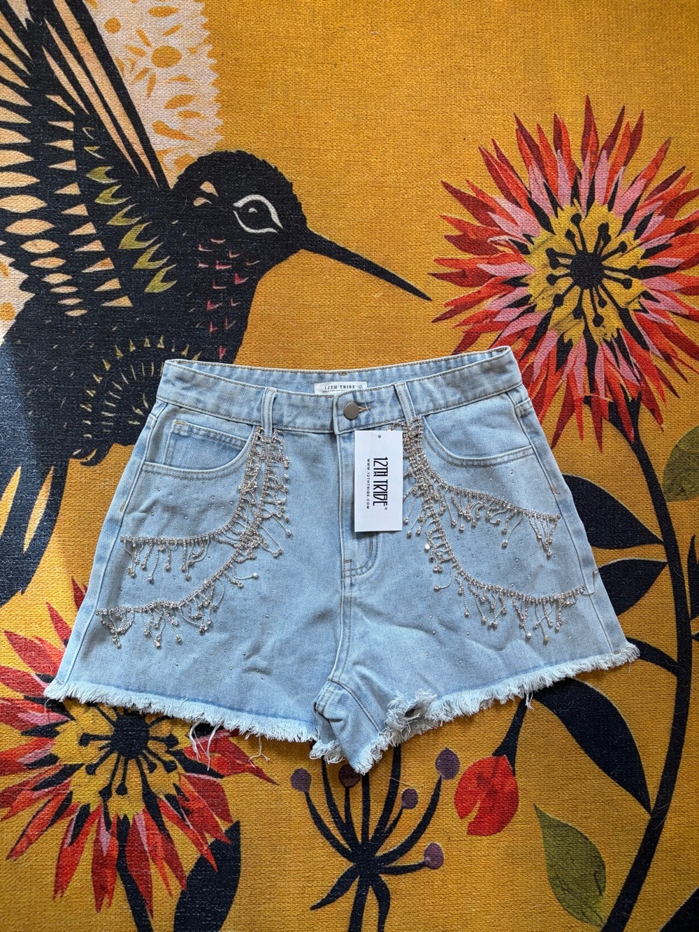 12th Tribe Light Blue Embellished Denim Shorts